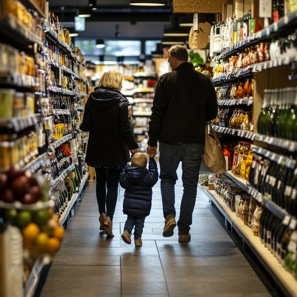 Et foraeldrepar og deres barn i en dagligvarebutik