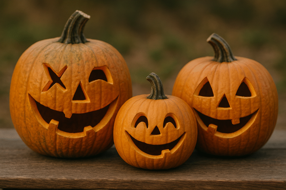 Tre ud skårede græskar stå på række i forbindelse med halloween